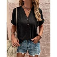 Camisa de manga corta para mujer, moda de verano de algodón y lino, blusa elegante de cuello en v, camiseta sólida suelta, tops Casuales - details 1