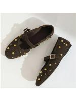 Zapatos de Ballet Planos para Mujer con Diseño de Remaches Dorados Suela Suave Antideslizante con Cinturón de Gamuza Sintética y Tirante de Metal - details 2
