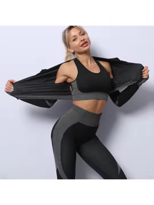Conjunto de entrenamiento para Mujer, de 3 piezas chándalo, leggings de yoga sin Costura con Realce de cadera y sujetador Deportivo elástico, Conjunto de ropa de Gimnasio - 1