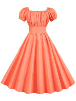 Summer women puff sleeve casual vintage party solid elegant midi dress - details 9