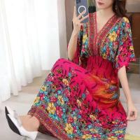 Casual bohemio estilo nacional con cuello en V cintura elástica gran Swing impreso verano Falda larga mujer vestido ropa - details 17