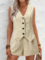 Conjunto Mujer 2025 - Chaleco Elegante con Botones y Shorts, Cuello en V, Tejido Transpirable - Moda Oficina y Casual - details 3