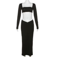BUNO-Conjuntos de verano para mujer, 2 piezas, moda sólida, nuevo conjunto de dos piezas, manga larga, ombligo descubierto, falda larga, Sexy, elegante, y2k - details 8