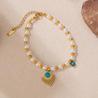 Pulsera estilo francés vintage para mujer: dije geométrico de perlas y turquesas, joyería retro de acero inoxidable de titanio - details 0