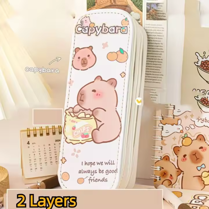Caja de papelería portátil de gran capacidad para capibara, estuche de bolígrafo de capibara 3D bicapa impermeable, bonito estuche para lápices con cremallera para niños - 1