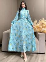 2024 nueva primavera otoño mujeres cuello con volantes manga cinturón ajustado largo dulce plisado dobladillo grande vestido de gasa ral - details 1