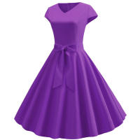 Women summer vintage with belt short sleeve v neck elegant retro swing party dresses - details 25