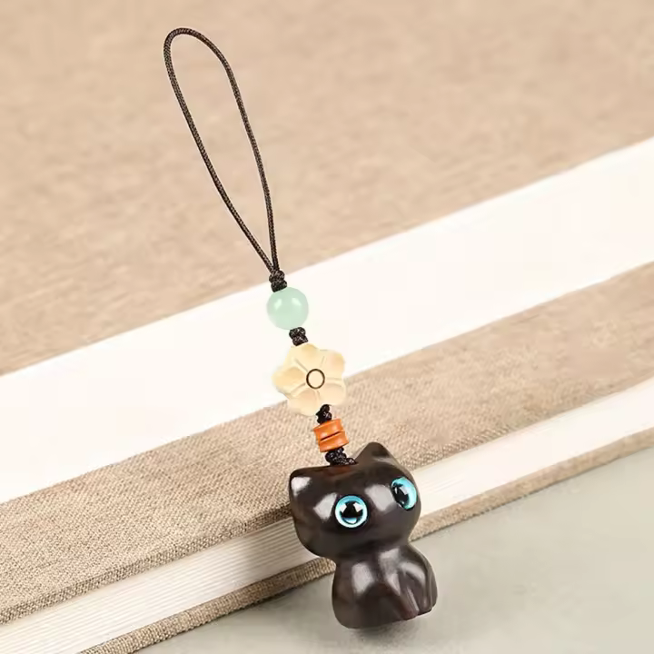 Colgante para teléfono, colgantes para llaves de coche, colgante de estilo chino, colgante de gato de la suerte, anillo para teléfono móvil, llavero de madera de sándalo, correa para llavero - 1