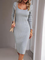 Vestido de punto acanalado para mujer, suéter ajustado con aberturas, elegante, de manga larga, otoño e invierno, 2023 - details 9