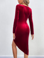 Vestido de terciopelo rojo vino de mujer vestido corto - details 3
