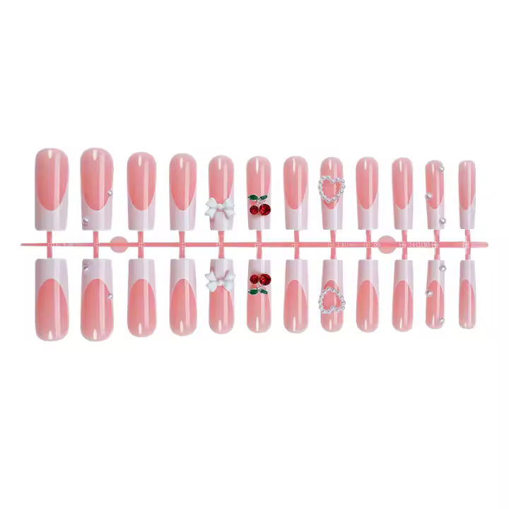Wearable uñas lazo de diamantes piezas de cereza uñas manicura bordes franceses acabados removibles parches de uñas falsas - 1