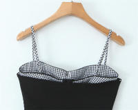 OUWU Falso Halter Top Negro Estilo Francés a Cuadros Vacaciones Verano Moda de Mujer - details 6