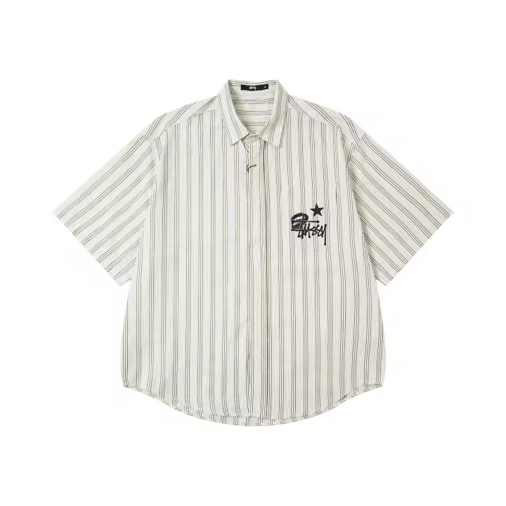 Polo de corte recto y holgado de marca de moda americana, tejido de doble brillo de puro algodón con logotipo bordado clásico, camisa de manga corta sin cuello para hombre, nueva camiseta informal de estilo veraniego para parejas - 1
