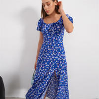 Vestido de mujer, novedad de verano 2025, vacaciones, pausa para el té, cuello cuadrado, falda de longitud media, mangas de burbuja, vestido con abertura Floral francés - details 37