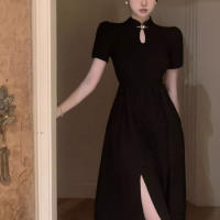 Cheongsam falda larga juvenil de temperamento de alta gama, vestido negro de estilo chino, novedad de verano, ropa de mujer - details 4