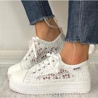 Zapatos de mujer 2025 Moda de verano, zapatos blancos informales, cortes de encaje de lona, zapatos planos de plataforma transpirables - details 1