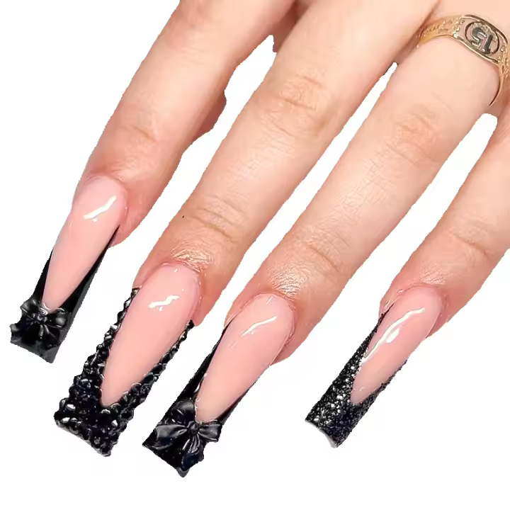 Uñas largas bordes franceses uñas hechas a mano mano hacer negro strobe bowknot uñas de alta calidad - 1