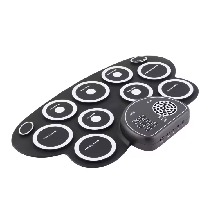 Batería electrónica recargable por USB con dos altavoces para niños, almohadilla de práctica enrollable, color blanco - 1
