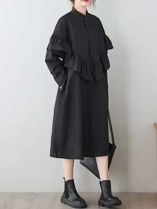 Vestidos de manga larga de algodón de gran tamaño con volantes vintage para mujer, vestido informal holgado por debajo de la rodilla para primavera y otoño, ropa elegante 2022 - 1