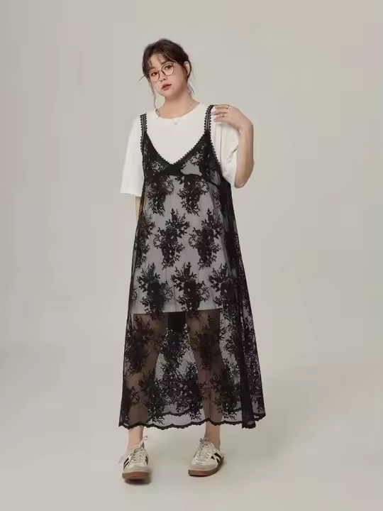 Vestido de encaje negro transparente de una pieza para mujer, vestido Midi sin mangas con cuello en V, estilo coreano, a la moda, para primavera y verano - 1
