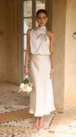 Elegante Vestido Largo de Satén de Color Sólido Cuello Halter sin Mangas Ideal para Fiestas - details 7