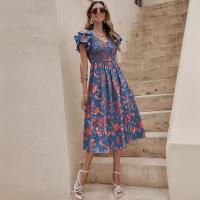 Vestido de cintura con estampado de moda europea y americana, cuello en V y manga corta para mujer, primavera verano 2025 - details 1