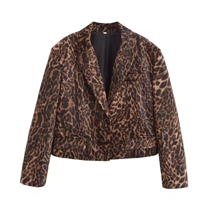 Blazer corto con estampado de leopardo para mujer, chaqueta de traje alta con cuello de solapa de manga larga, trajes de otoño e invierno para mujer - 1