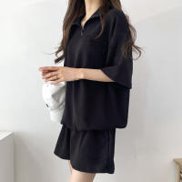 Traje deportivo de mujer con cremallera de color sólido, verano 2025, nuevo, holgado, delgado, top y pantalones cortos casuales de dos piezas. - details 7