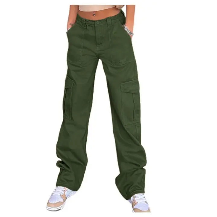 Pantalones rectos con múltiples bolsillos para mujer, moda urbana, vaqueros sueltos de cintura alta - 1