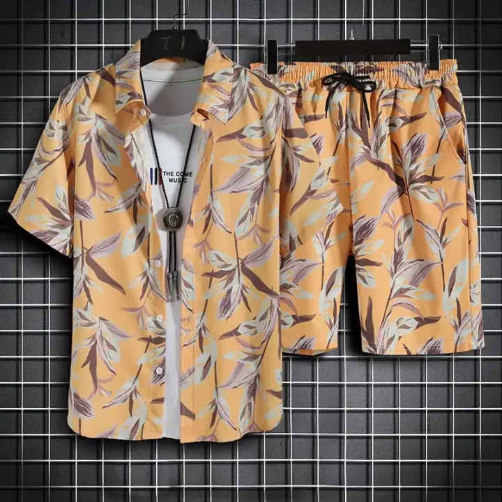 Ropa de playa para hombre, conjunto de 2 piezas, camisa hawaiana y pantalones cortos de secado rápido, ropa de moda para hombre, trajes informales estampados de verano - 1