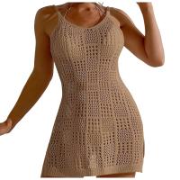 Vestido corto de moda Border Vacation para mujer, cuello redondo, textura cuadrada, hueco, transparente, tirantes finos, Sexy - details 3