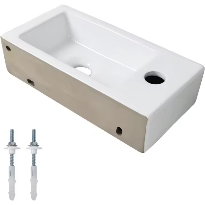 Lavabo de Cerámica Rectangular con 1 Orificio para Grifo, Lavabo de Mano Izquierda Montado en la Pared, Tamaño Pequeño: 376 × 188 × 93 mm, Blanco, M41102-L - 1