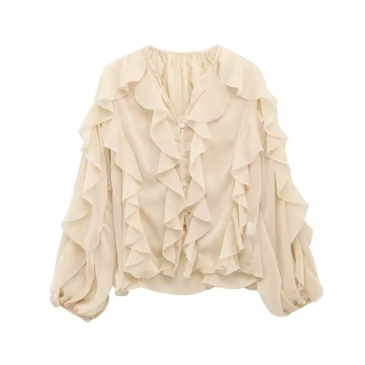2025 Loose Floral Long Sleeve with Decorative Layered V-Neck Summer Novelty Simple Temperament Shirt for Women - 1
