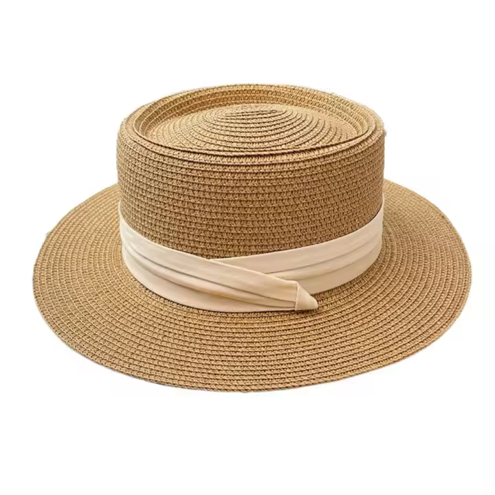 Sombrero tejido de paja de estilo coreano a la moda, sombrero de ala ancha cóncavo con protección solar, sombrero de cubo, sombrilla de ala plana, sombrero de sol para mujer, playa - 1