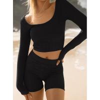 BUNO-Conjunto de ropa de estar por casa para mujer, tops ajustados de manga larga y pantalones cortos de motorista, 2 piezas, verano, 2025 - details 2