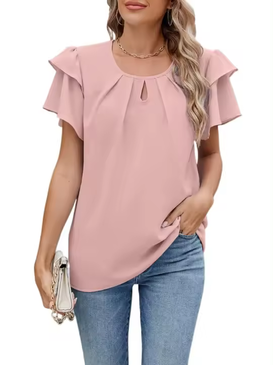 Tops elegantes de Color sólido para mujer, blusa holgada de manga corta, nueva camisa de gasa con cuello redondo para mujer - 1