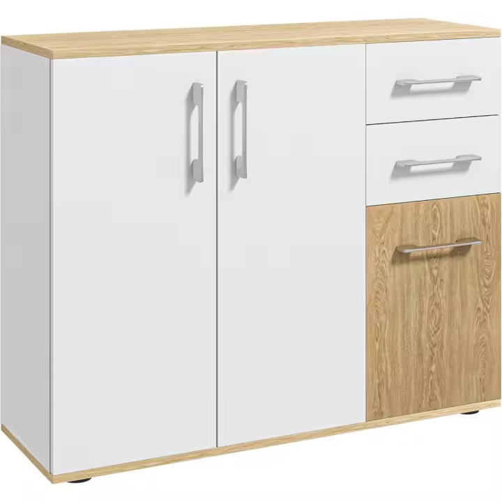 Moderno Estante de Almacenamiento para Sala de Estar Cocina con 2 Cajones, 2 Armarios y Estantes Ajustables para Dormitorio, Comedor 90x30x75,5 cm Blanco y Natural - 1