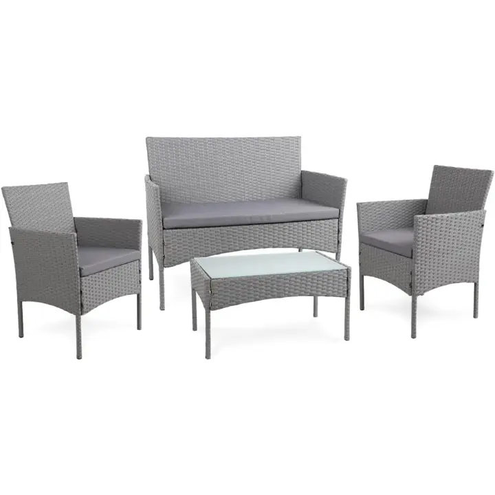 Conjunto de muebles de jardín de resina trenzada gris - 4 asientos: 1 sofá, 2 sillones, 1 mesa de centro - Cojines grises con cremallera - 1