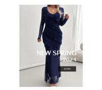 Vestido de malla con cuello en V, elegante y entallado, de manga larga para mujer, otoño invierno - details 1