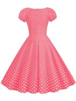Vestido midi de fiesta informal con cuello en V y manga corta abombada de verano con estampado de puntos vintage elegante para mujer - details 16