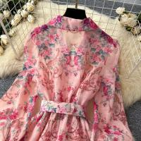 Vestido corto con estampado de wer para mujer, moda de primavera 2024, manga larga acampanada, botones de perlas con muescas, Mini Vestidos de fiesta con cinturón - details 6