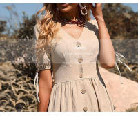 Vestido de verano de longitud media para mujer, vestido de color liso con cuello en V y manga corta - details 5
