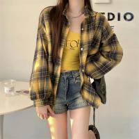 Camisa de franela negra para mujer, camisa a cuadros de tartán abotonada con cuello de manga larga, chaqueta informal para adolescentes y niñas, traje diario - details 1