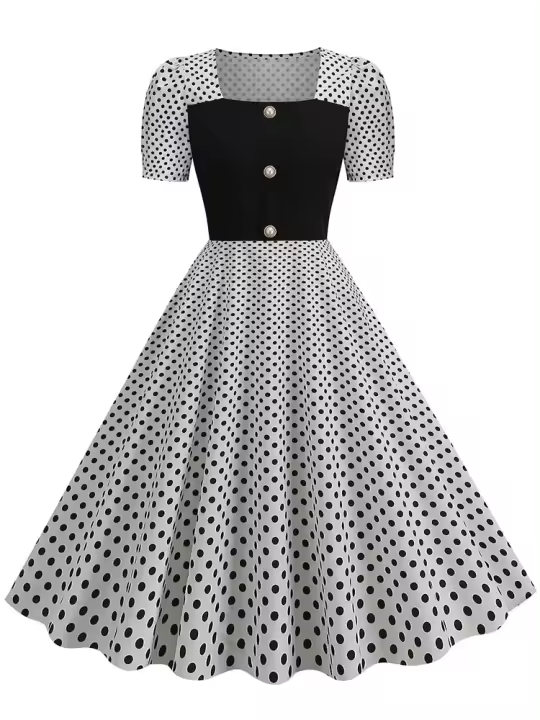 Vestido midi elegante de fiesta con estampado de lunares, manga corta y línea A, informal para verano, para mujer. - 1