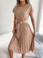 Spring Summer Women Short Sleeve Pleated Long Dress Elegant High Waist Floral Fashion A-line Dress - details 27