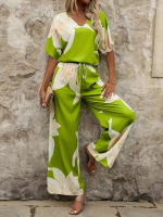 Ropa de mujer nueva europea y americana con cuello en V, estampado digital a rayas, pantalones de bolsillo de manga corta, conjunto de dos piezas - details 10