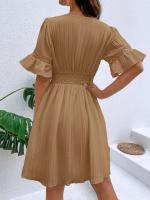 Vestido Blanco Puro de Verano Cintura de Encaje con Parche de Moda Cuello en V Manga Corta - details 25
