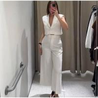 OUWU-Nueva llegada de pantalones largos blancos Wo, chaqueta corta sin mangas con solapa, Tops, pantalones de pierna ancha, conjuntos de 2 piezas, tres elegantes - details 7