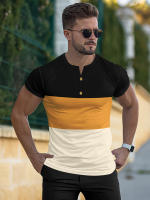 Camiseta deportiva informal de manga corta de verano para hombre, con costuras tricolores y cuello en V con muescas, estilo Henry - details 16
