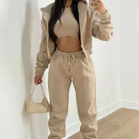 Conjunto de tres piezas para mujer, pantalones largos con sudadera con capucha de forro polar, conjunto deportivo, moderno, informal, de invierno, conjunto completo - details 1